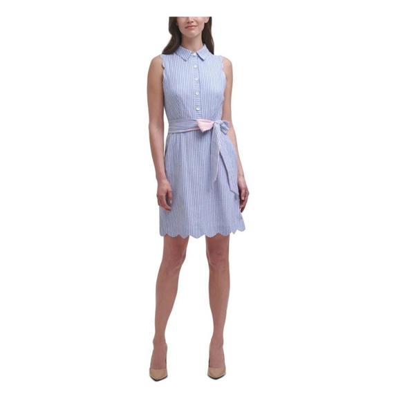 NWT Harper Rose Belted Striped Shirt Dress Blue Scalloped Hem Button Front sz 14 - Picture 1 of 8